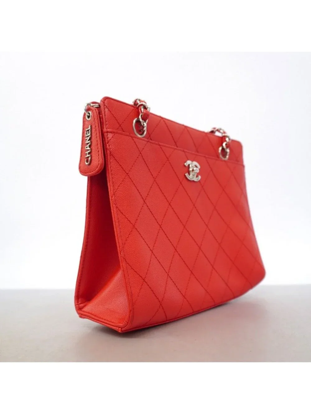 Chanel Chain Tote Quilted Caviar Leather Red Silver